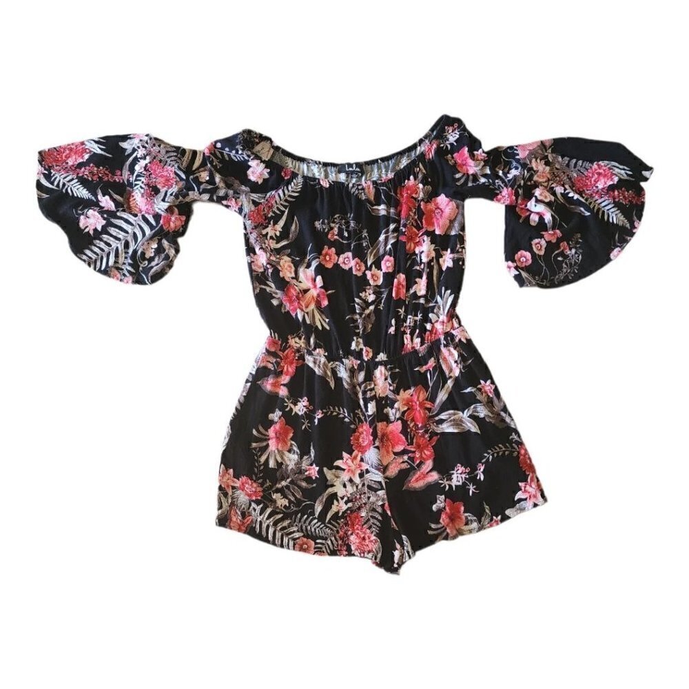 Lulus Wildwood Flower Black Tropical Print Off-the-Shoulder Romper Size M - Picture 7 of 10